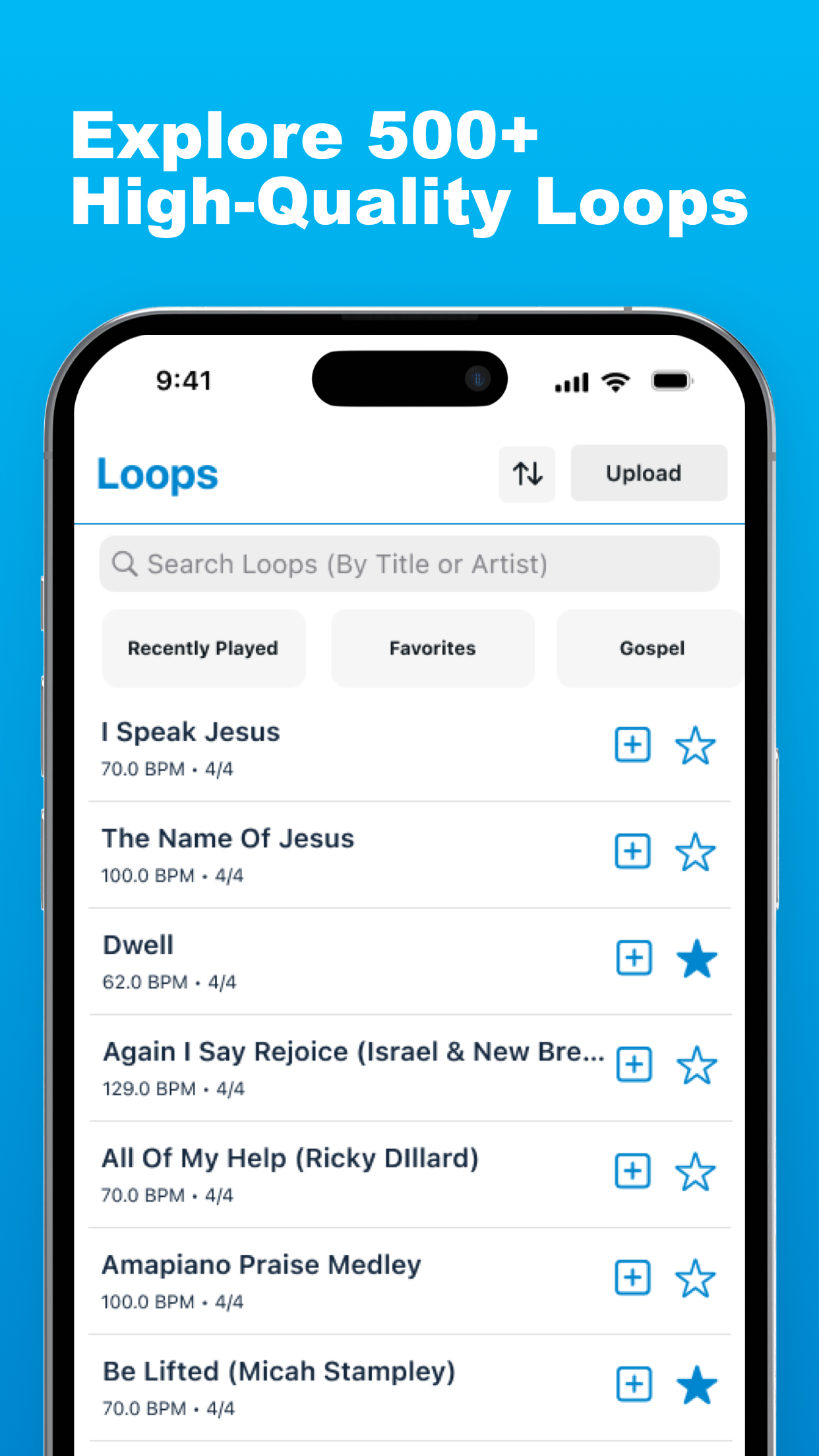 LiveTrackz loop library with gospel worship backing tracks showing BPM and time signature