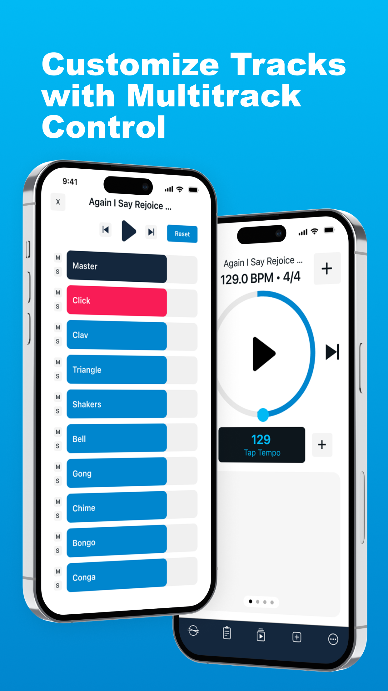 LiveTrackz multitrack mixer showing percussion loop channels for church — Click, Clav, Triangle, Shakers, Bell, Gong, Chime, Bongo and Conga at 129 BPM in 4/4