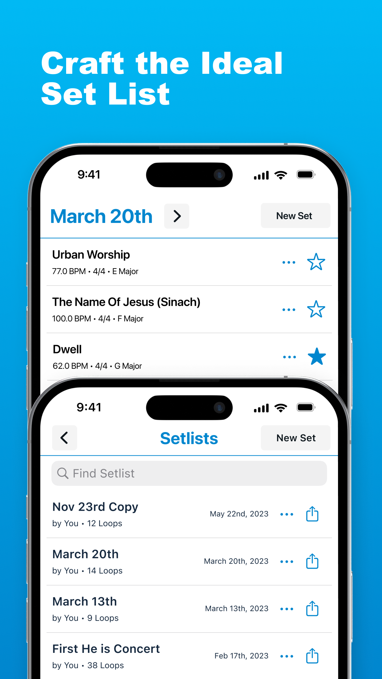 LiveTrackz metronome setlist showing songs with saved BPM, time signature and key — E Major, F Major, G Major
