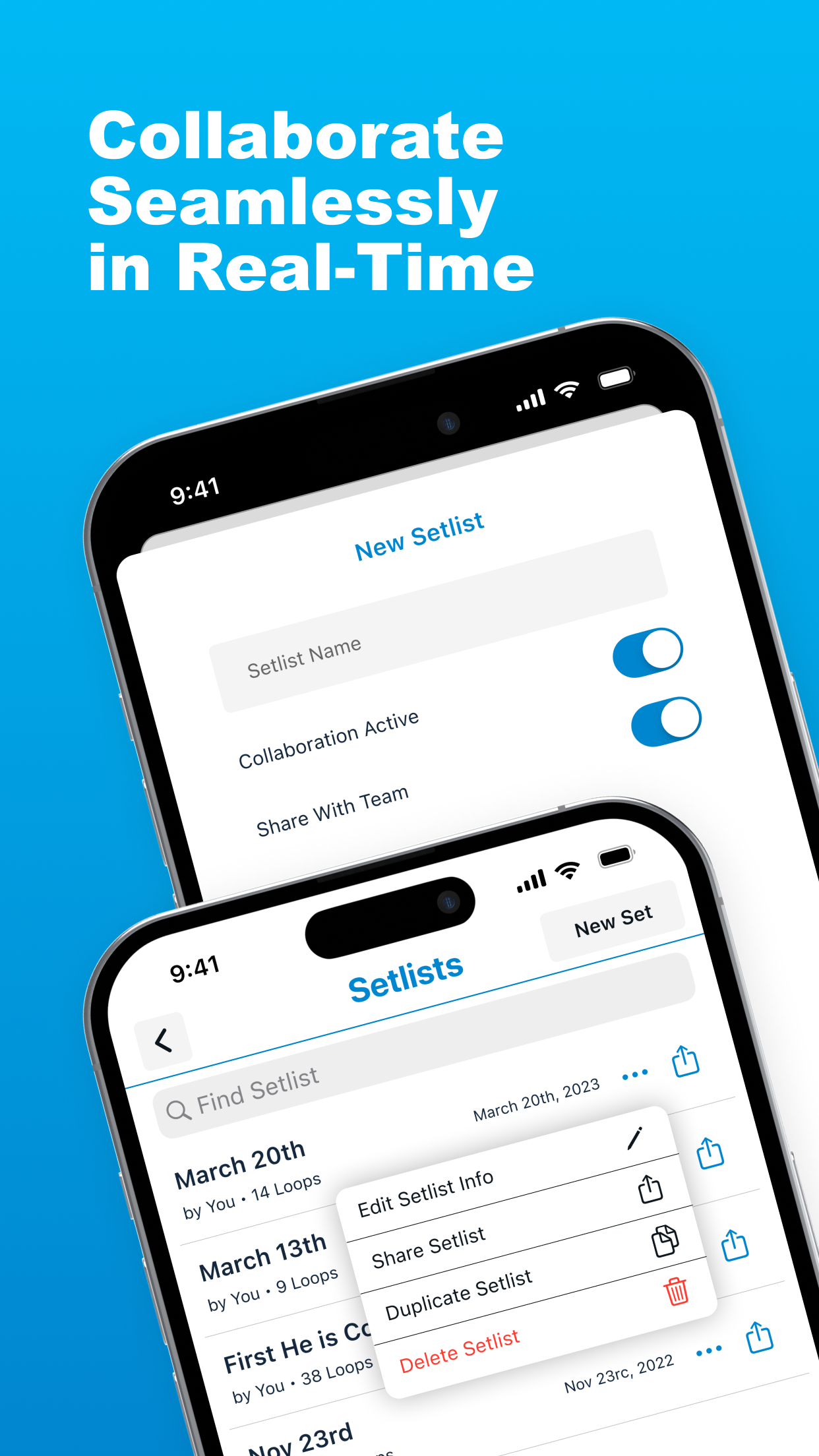 Setlist app for worship teams — LiveTrackz setlist with Collaboration Active and Share With Team toggles for real-time band collaboration