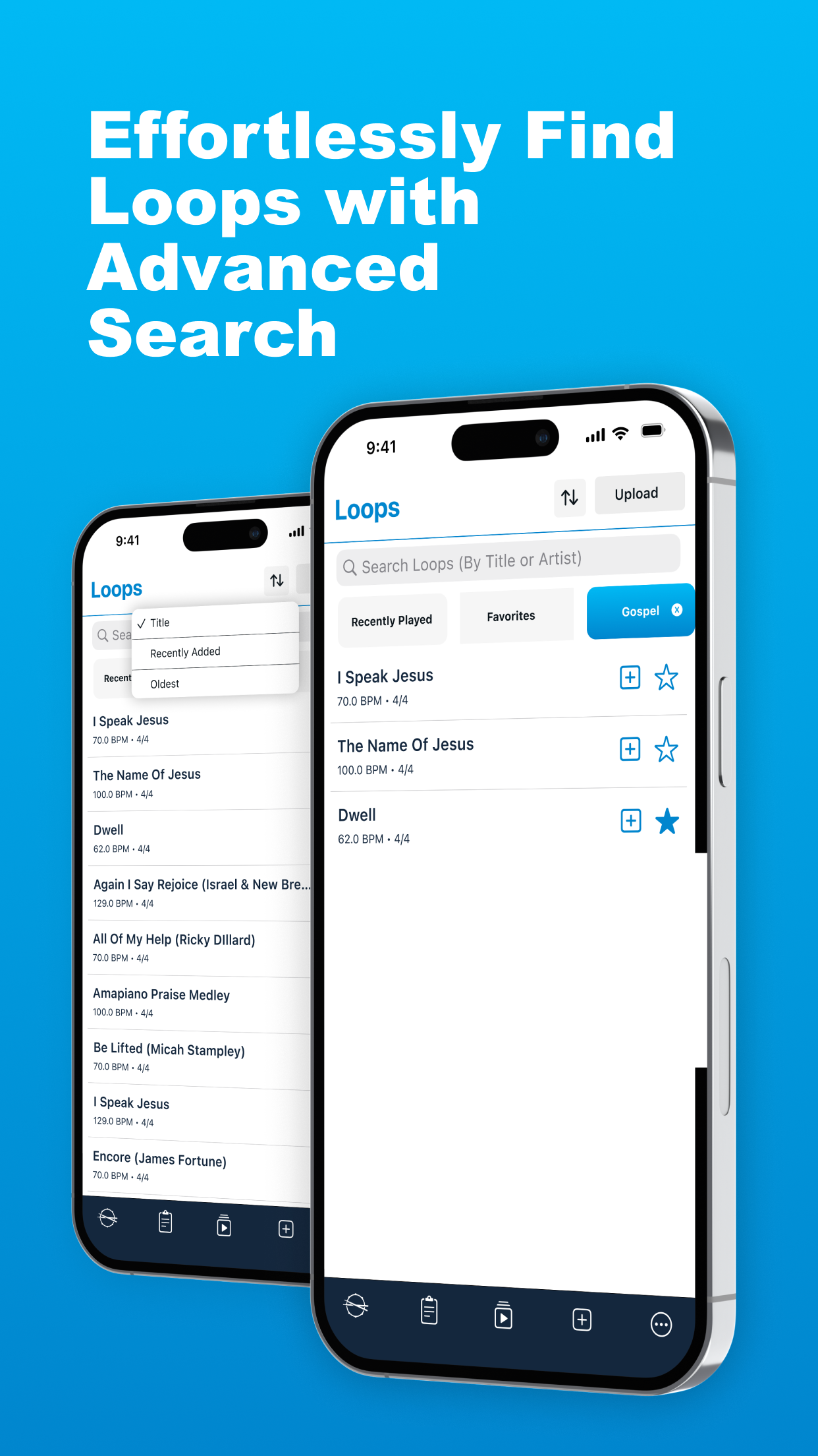 LiveTrackz advanced search finding gospel drum loops with a Gospel filter, sorted by Title or Recently Added