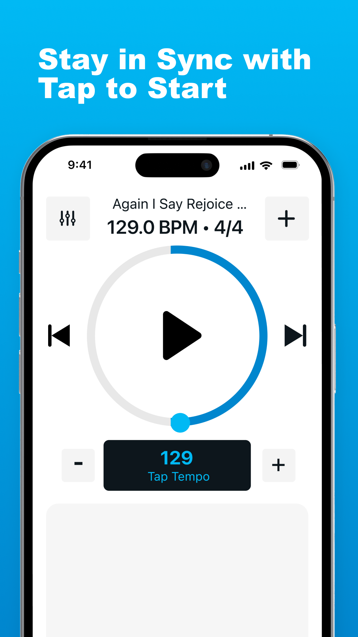 LiveTrackz click track app for live bands — player at 129.0 BPM in 4/4 with tap tempo and tap-to-start count-off